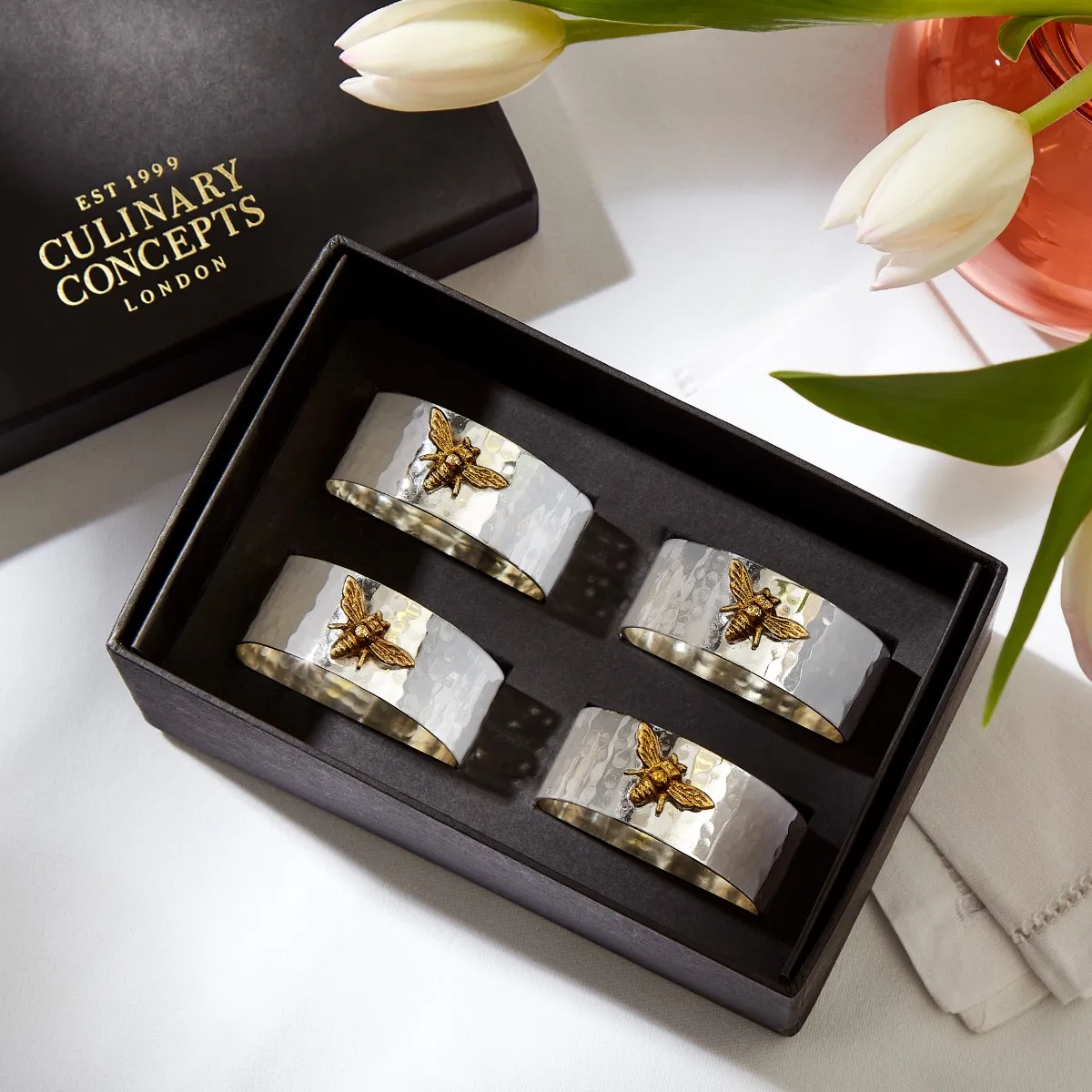 Culinary Concepts Bee Silver Plated Napkin Rings, Set of 4