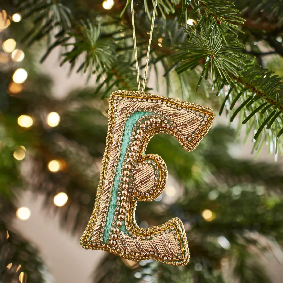Fortnum's Eau de Nil Embroidered Alphabet Christmas Decoration, E