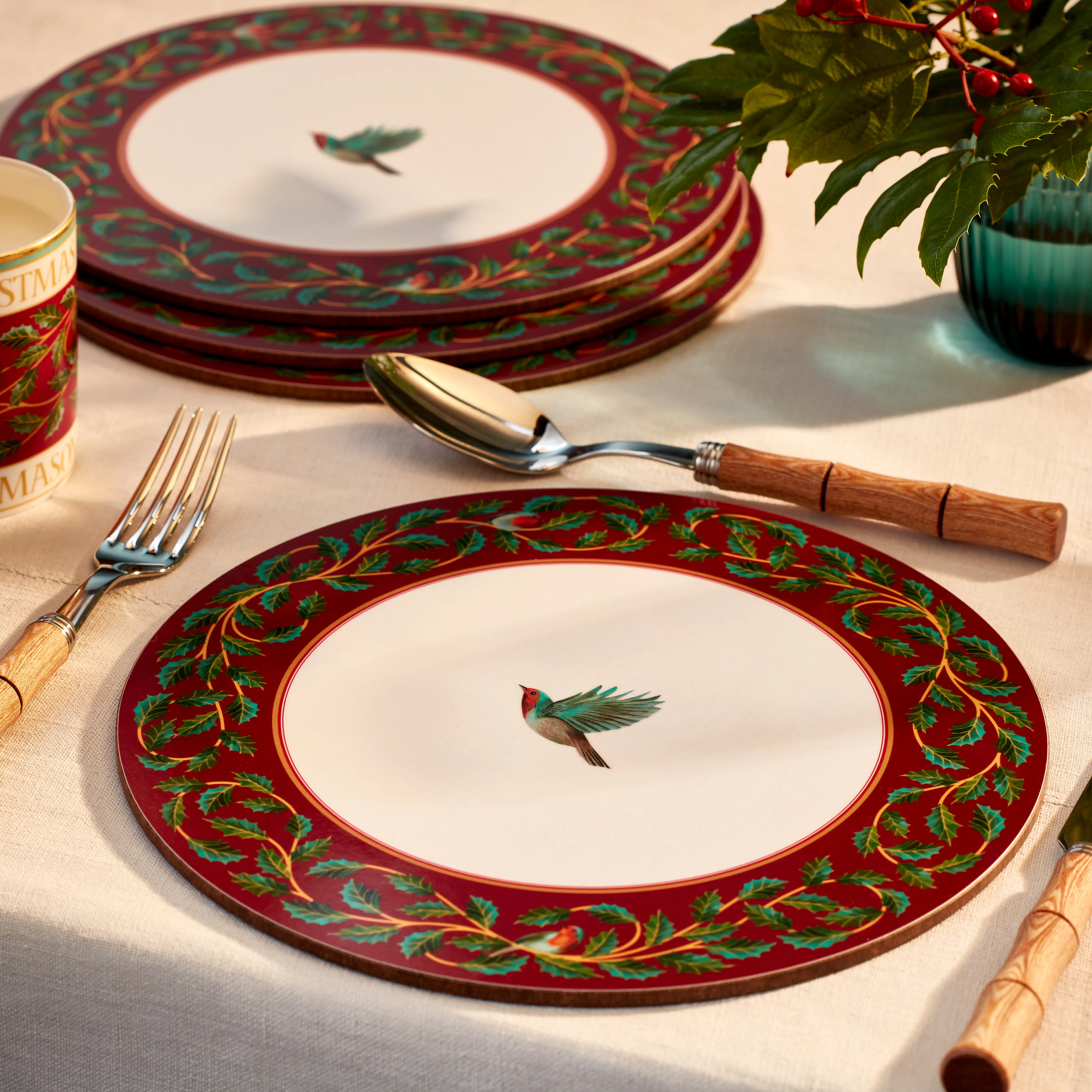 Christmas Holly Robin Placemats, Set of 4 4 Christmas Holly Robin Placemats, Set of 4